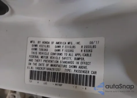 2017 Honda Accord Sport Se from USA, damaged, VIN 1HGCR2F18HA291207